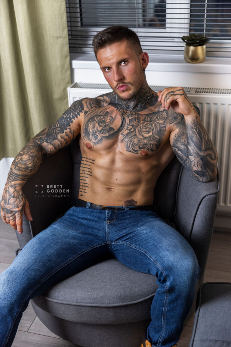 Tattooed muscle model photographed by Brett Godden Photography.